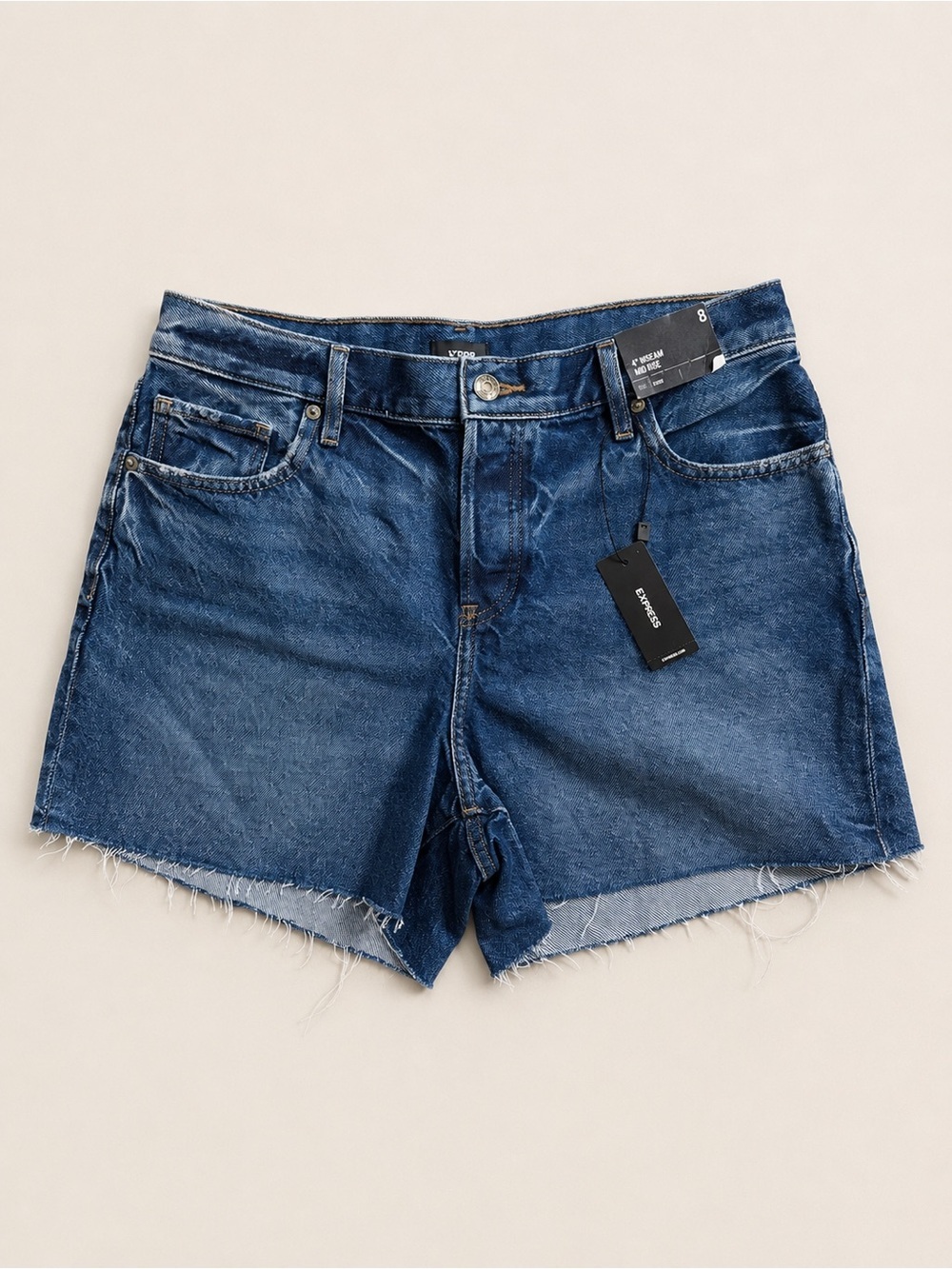 Express Women’s Mid Rise Rigid Denim Cutoff Shorts Size 8 4” Inseam NWT Blue